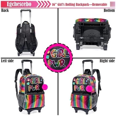 Mochila escolar colorida com rodas e texto GIRL PWR