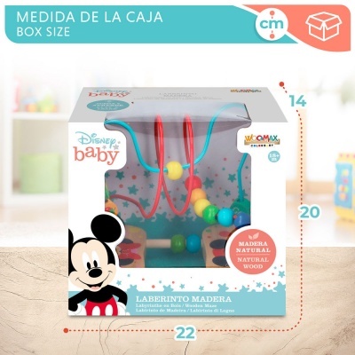 Brinquedo de madeira para bebé Disney Baby Laberinto Madera na caixa branca com imagem do Mickey Mouse e dimensão da caixa