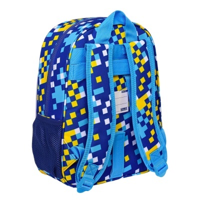 mochila infantil azul com padrão geométrico colorido e alças azuis
