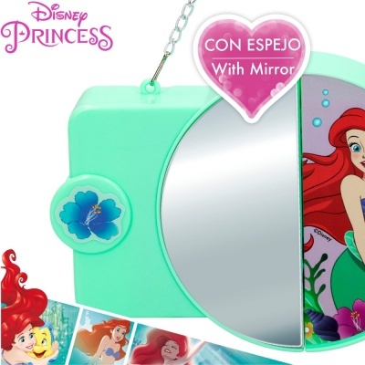 Espelho redondo verde-água com imagem da Ariel da Disney Princess e selo rosa com texto 'CON ESPEJO With Mirror'