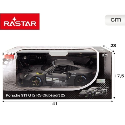 Carro radiocontrolado Porsche 911 GT2 RS Clubsport dentro de caixa preta com detalhes brancos e vermelhos