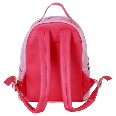 Mochila rosa com alças acolchoadas e padrão de bolinhas claras nas laterais