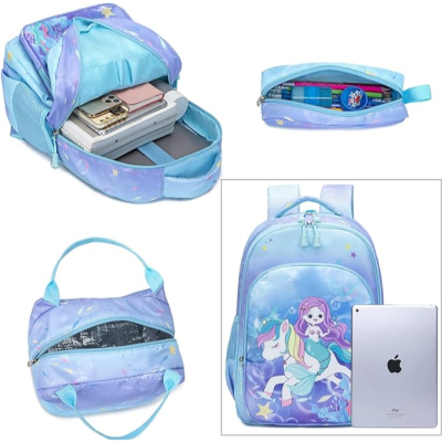 Mochila azul clara com sereia e unicórnio, estojo e bolsa combinando