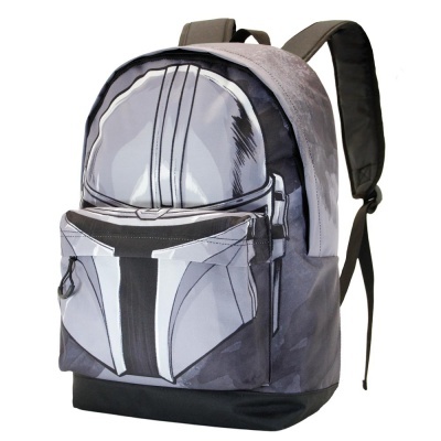 Mochila Mandalorian com estampa do capacete em cinza e preto
