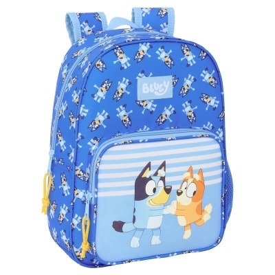 Mochila azul com personagens Bluey e bolsos