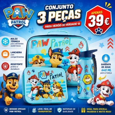 Conjunto de 3 peças PAW PATROL com bolsa térmica, lancheira e garrafa de água azul para criança.