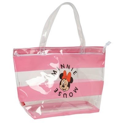 Sacola transparente com riscas cor-de-rosa e branco e imagem da Minnie Mouse