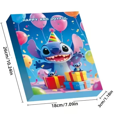 Calendário do advento azul com personagem Stitch e balões coloridos