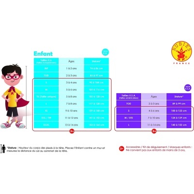 Tabela de tamanhos para criança com personagem em desenho animado e logotipo PUBERT FRANCE.