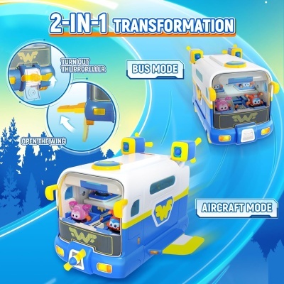 brinquedo transformável 2-em-1 autocarro e avião azul, branco e amarelo com personagens