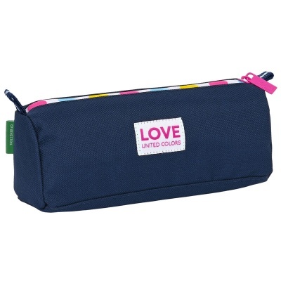 Estojo azul escuro com fecho rosa e etiqueta LOVE UNITED COLORS