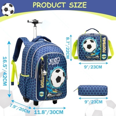 Conjunto de mochila com rodinhas, lancheira e estojo com padrão de hexágonos azuis e bola de futebol
