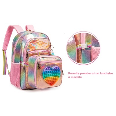 mochila escolar iridescente com acessório pop-it em forma de coração colorido