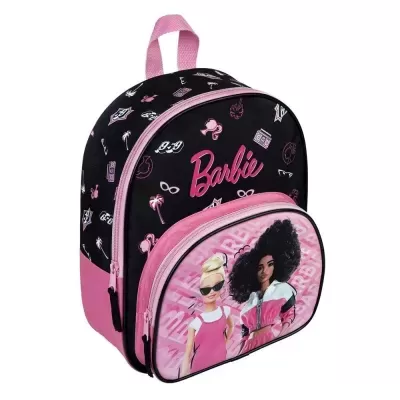 Mochila infantil Barbie preta e rosa com imagem de bonecas na frente