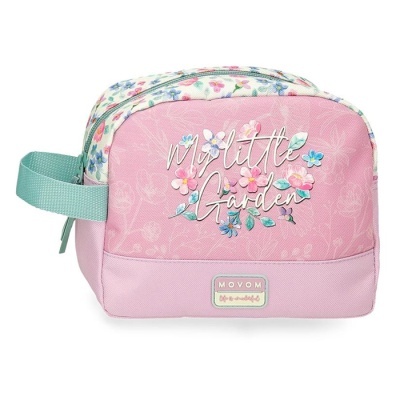 Necessaire rosa e branca com padrão floral e texto My little Garden
