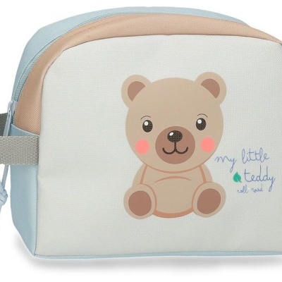 Bolsa azul claro com urso castanho e texto 'my little teddy'
