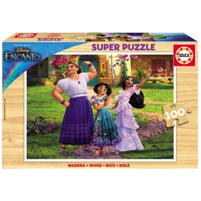 Puzzle de madeira Disney Encanto com 100 peças, personagens femininas e fundo de jardim e casa