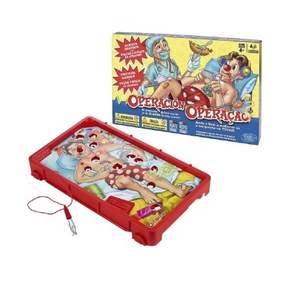 Jogo Operación com tabuleiro vermelho e board ilustrado com buracos para peças