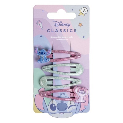 Conjunto de molares para cabelo Disney com personagens Stitch e Angel, em rosa e verde, embalagem em cartão colorido