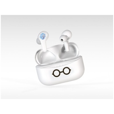 Auriculares sem fios brancos com estojo de carregamento branco e símbolo de óculos