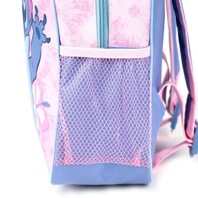 Mochila infantil azul e rosa com bolso lateral em rede rosa