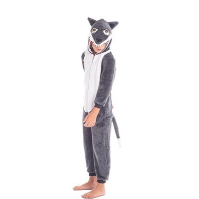 Pijama kigurumi com capuz de lobo cinzento e branco, tecido macio