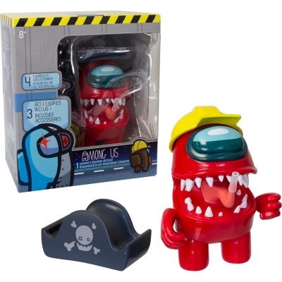 Figura brinquedo Among Us vermelha com capacete amarelo e acessório preto com caveira