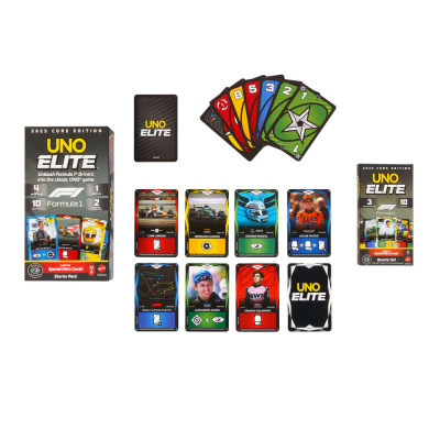 Cartas e caixa do jogo UNO ELITE 2025 CORE EDITION Formula 1