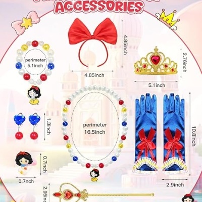 Acessórios de vestir de princesa com diferentes cores e detalhes, fundo pastel com castelo