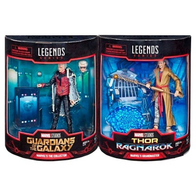 Action figures Marvel Guardians of the Galaxy e Thor Ragnarok em embalagens da série Legends.