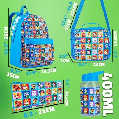 Conjunto mochila, lancheira, estojo e garrafa com estampas coloridas e texto 400ML