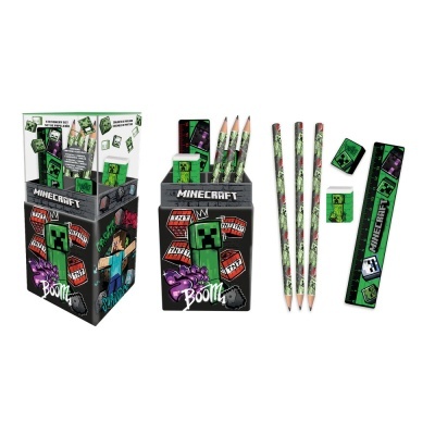 Conjunto de papelaria Minecraft com lápis, régua, borrachas, apontadores e embalagem temática.