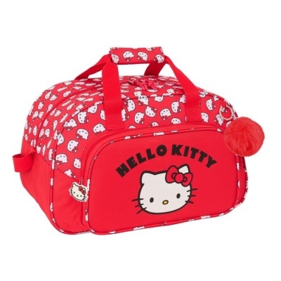 Mala de viagem vermelha Hello Kitty com padrão de faces e bolso frontal com texto