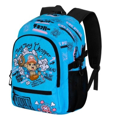 Mochila azul com estampados de Tony Tony Chopper com alças pretas acolchoadas