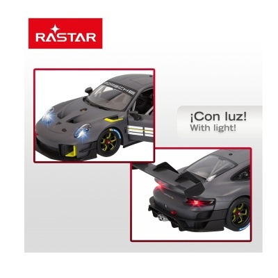 Modelo radiocontrolado de carro Porsche cinza com luzes