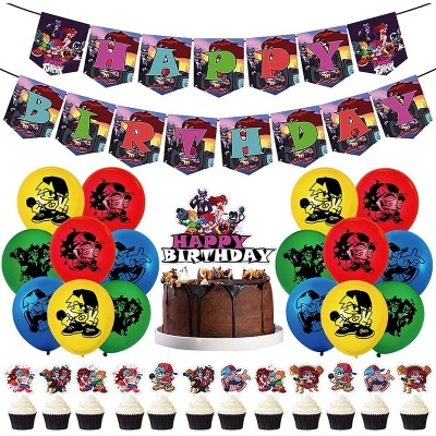 Conjunto de decoração de festa com bandeirolas, balões coloridos, bolo e cupcakes com personagens de desenhos animados