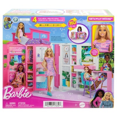 Embalagem do conjunto Barbie Getaway House com casa de brincar e quatro bonecas.
