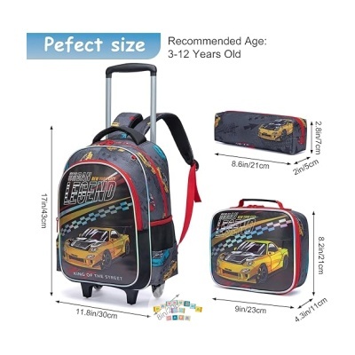 Conjunto escolar com mochila de rodinhas, lancheira e estojo com estampa de carros amarelos