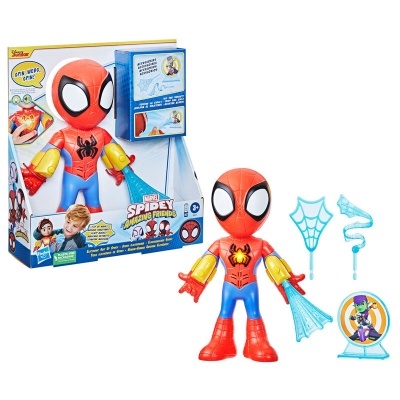 Figura de ação do Homem-Aranha com acessórios e embalagem colorida.