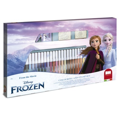Conjunto de lápis de cor e carimbos Disney Frozen em caixa com imagem das personagens e montanha