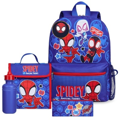 Conjunto azul com mochila, estojo, garrafa e carteira do Homem-Aranha com texto 'SPIDEY AMAZING FRIENDS'