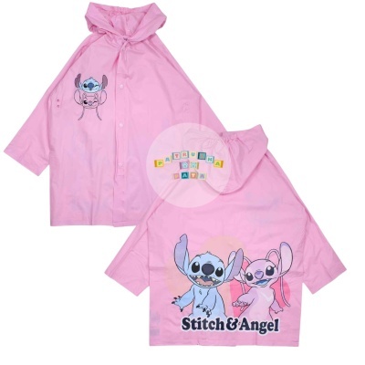 Capa de chuva rosa com personagens Stitch e Angel e texto Stitch & Angel