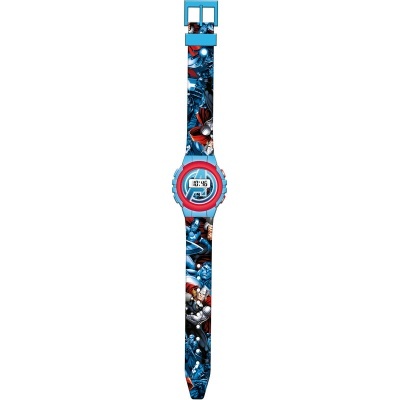 Relógio digital infantil com bracelete azul decorado com super-heróis e mostrador redondo