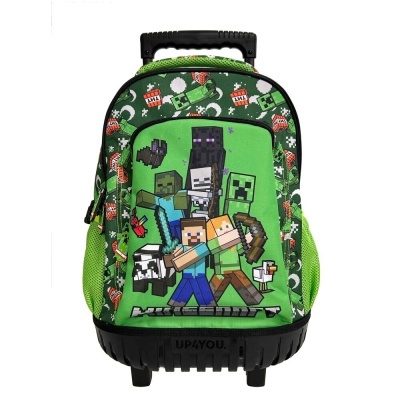 Mochila de carrinho verde com personagens de Minecraft e rodas.