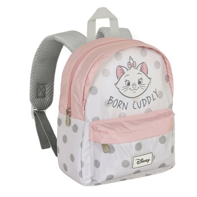 Mochila infantil branca com bolinhas cinzentas e detalhes rosa, estampada com gata Marie e texto BORN CUDDLY.