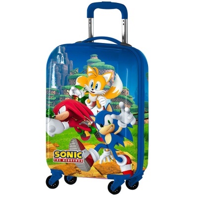 Mala de viagem azul com personagens Sonic Tails e Knuckles e texto SONIC THE HEDGEHOG