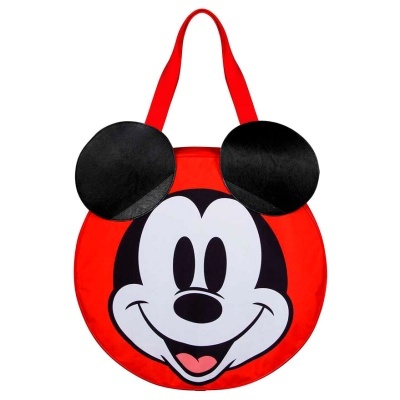 Bolsa redonda vermelha com estampa do rosto do Mickey Mouse e orelhas negras