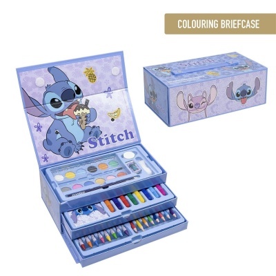 Estojo de pintura azul com personagem Stitch, tintas, pincéis e lápis de cor