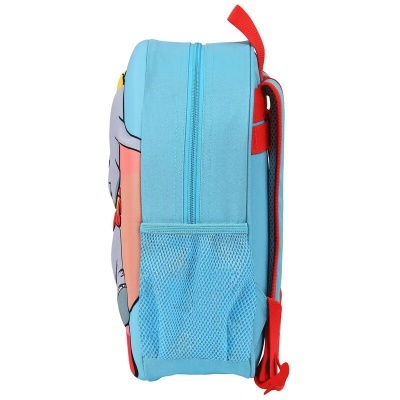 Mochila infantil azul clara com bolso em rede azul e alças vermelhas