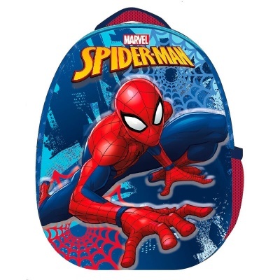 Mochila azul e vermelha com imagem de Spider-Man e texto Marvel Spider-Man